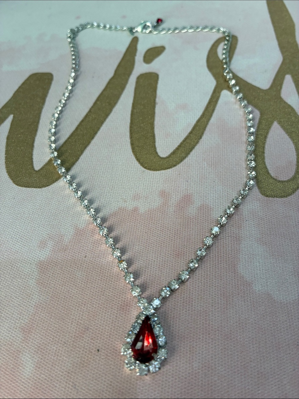 Silver-Tone Necklace with Red Teardrop Pendant
